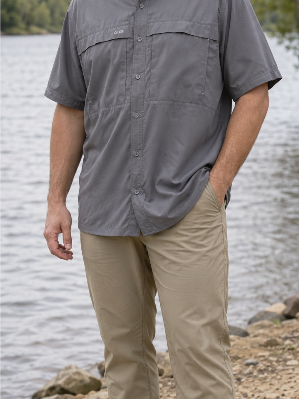 Game Guard Men's Gray Short-Sleeve Button-Down Fishing Shirt XL